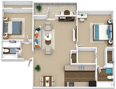 Floor plan for 2 beds, 2 baths, 956 sqft